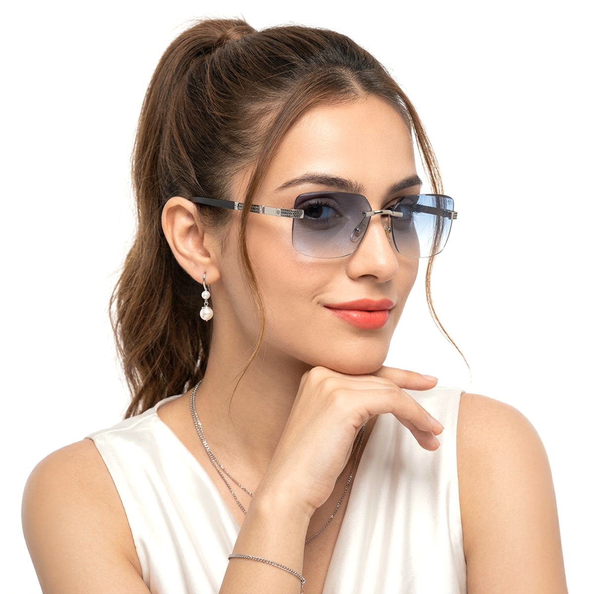 Essence Noble Silver Rimless Sunglasses for Men and Women - worn by a male model (image 3)