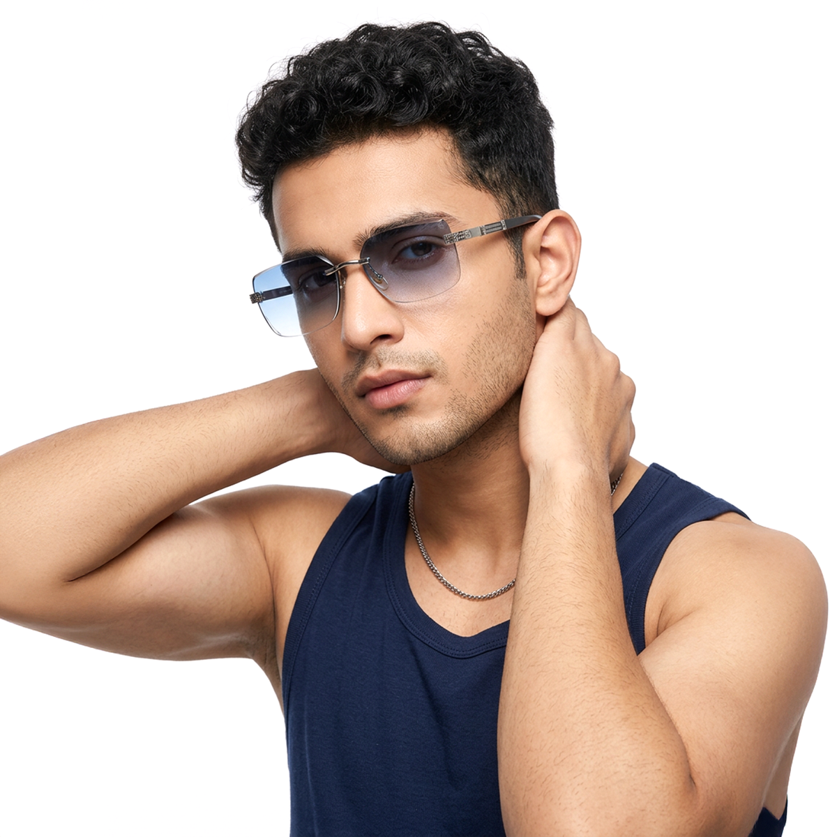 Essence Noble Silver Rimless Sunglasses for Men and Women - worn by a male model (image 1)