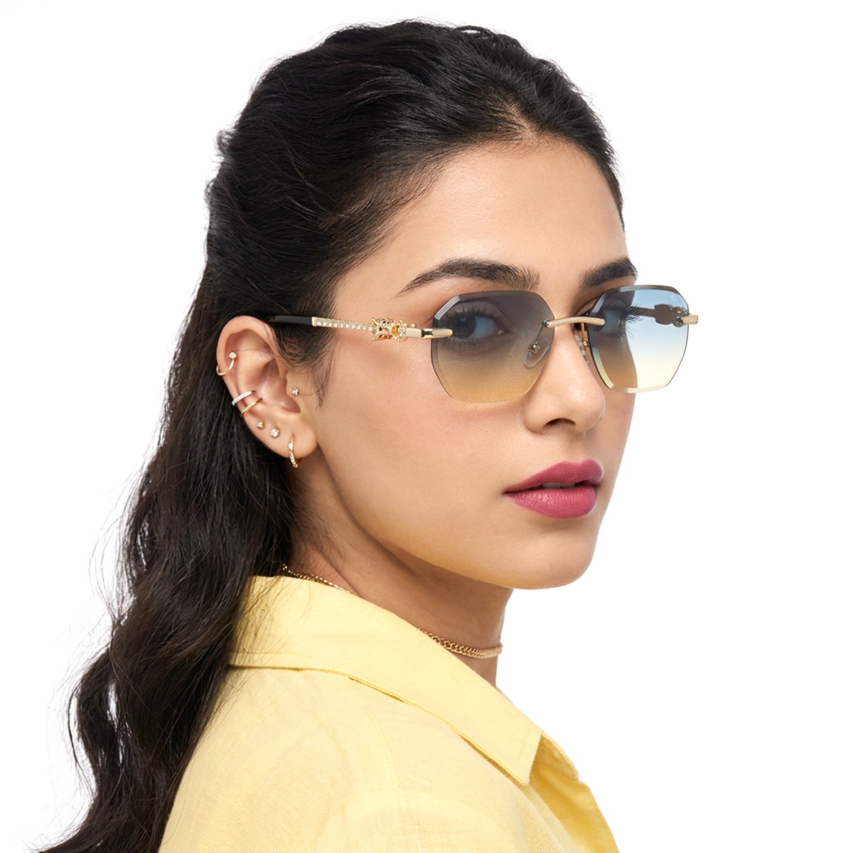 Essence Clarity Golden Rimless Sunglasses for Men and Women - Style 2529 - worn by a male model (image 3)