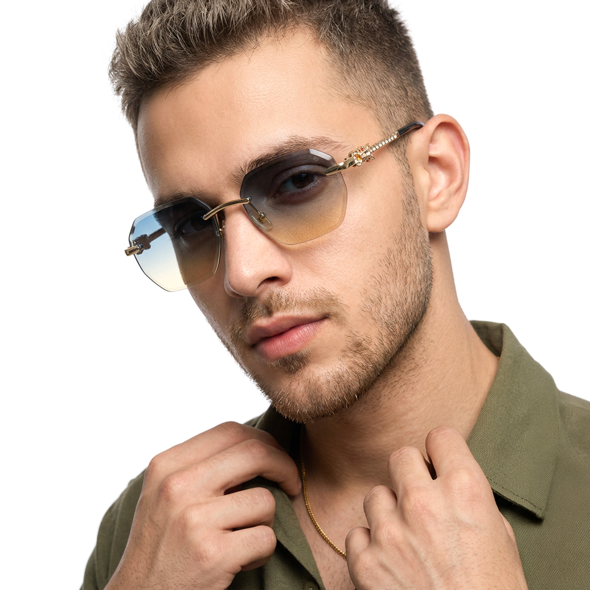 Essence Clarity Golden Rimless Sunglasses for Men and Women - Style 2529 - worn by a male model (image 1)