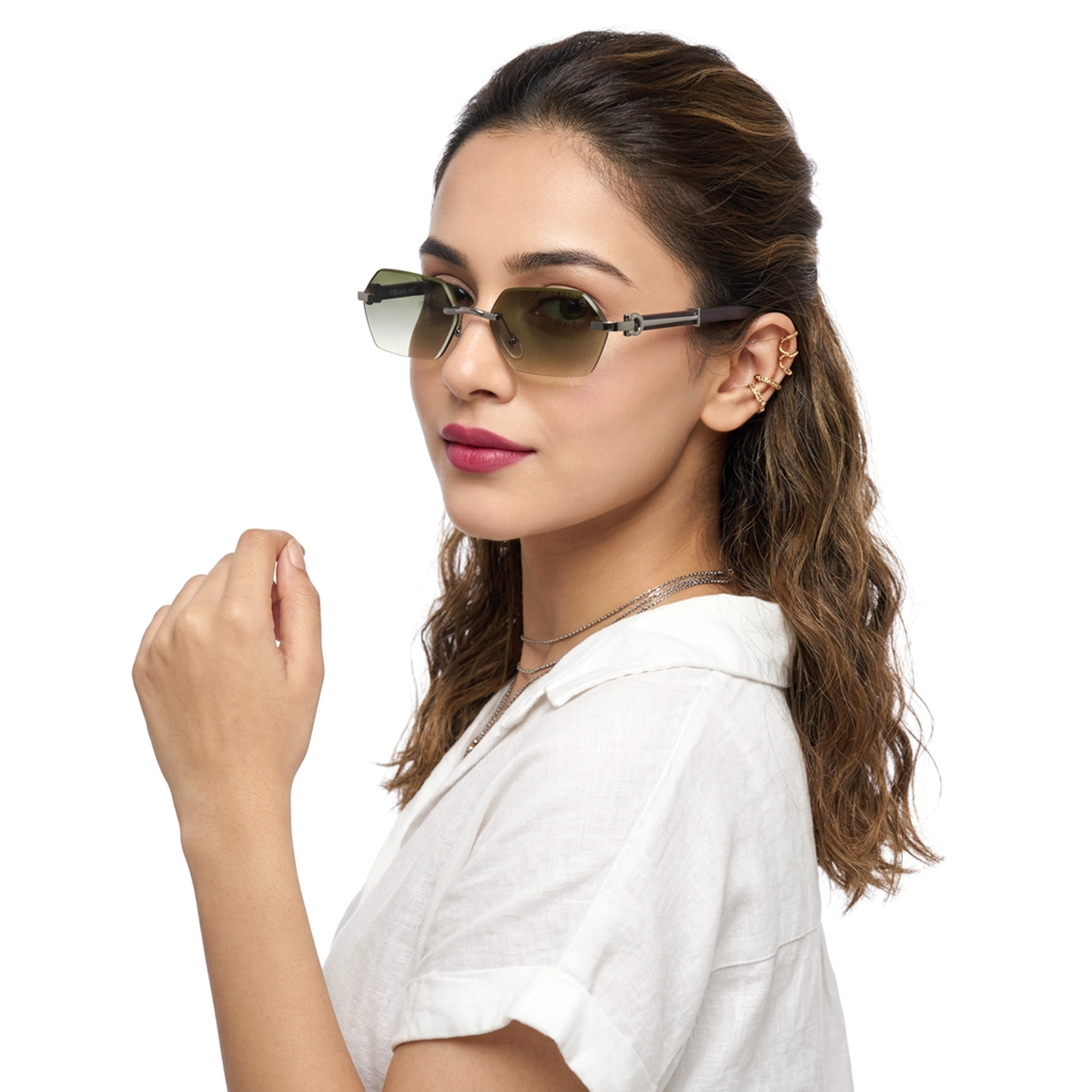 Essence Steel Silver Rimless Sunglasses for Men and Women - Style 2562 - worn by a male model (image 3)