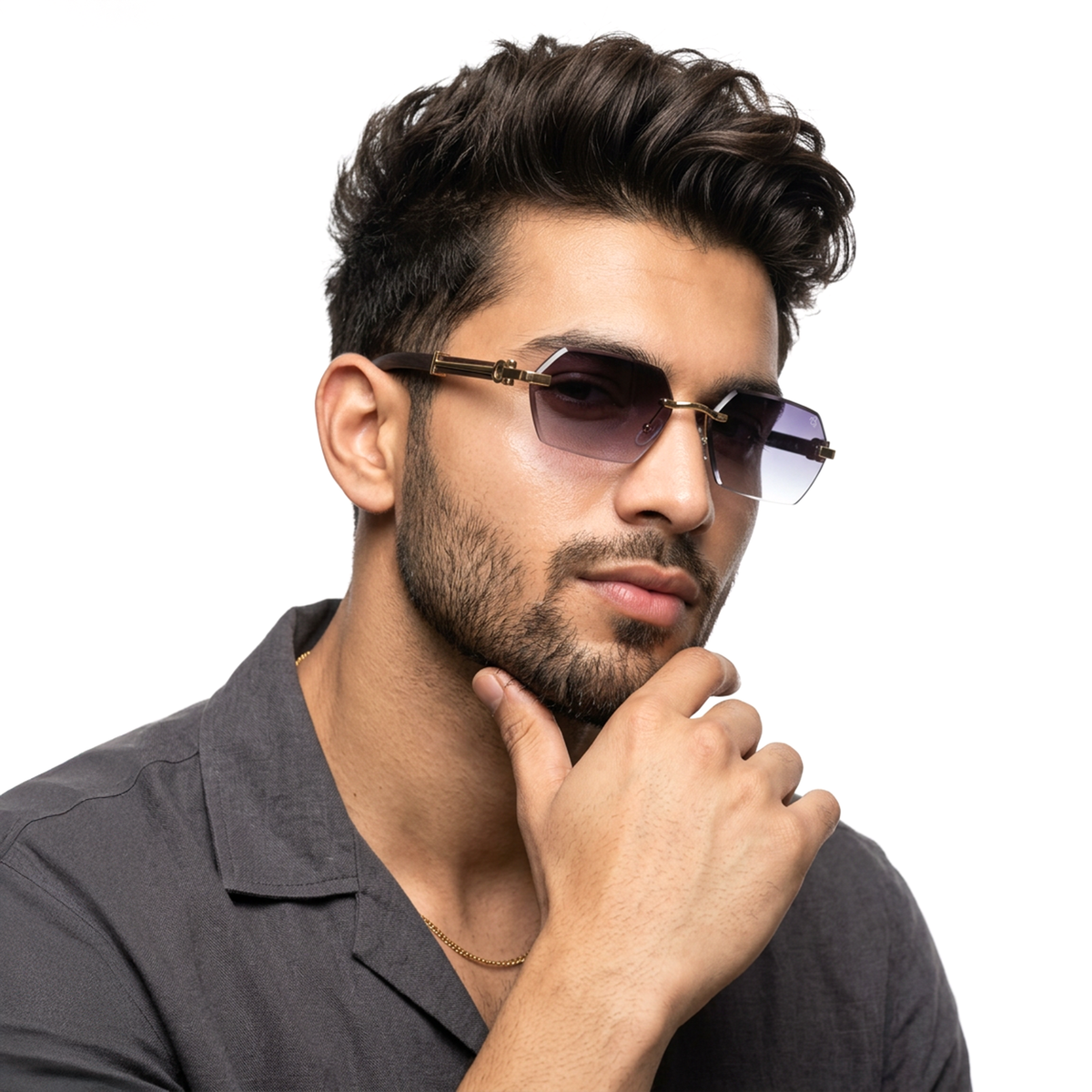 Essence Steel Golden Rimless Sunglasses for Men and Women - Style 2564 - worn by a male model (image 1)