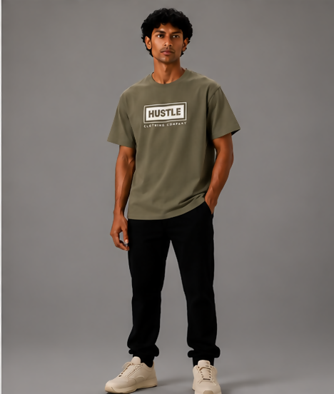 HUSTLE Essentials Men's Crew Neck Oversized T-Shirt – Olive Green