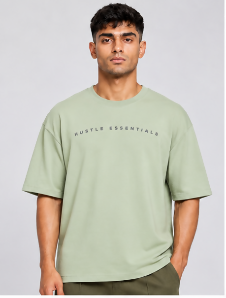 HUSTLE Essentials Men's Crew Neck Oversized T-Shirt – Light Sage Green(Oversized fit)