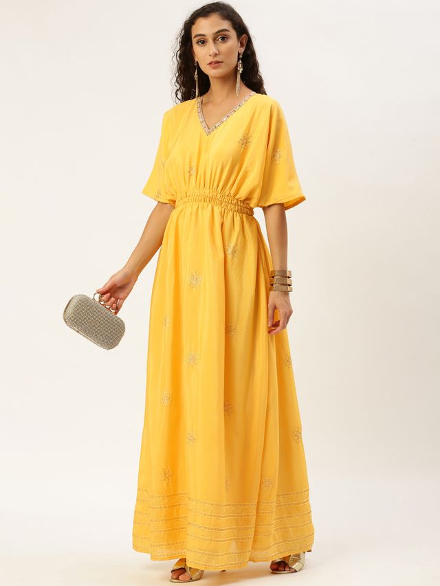 Bollywood Vogue Ready To Wear Yellow Chinon Kaftan Dress