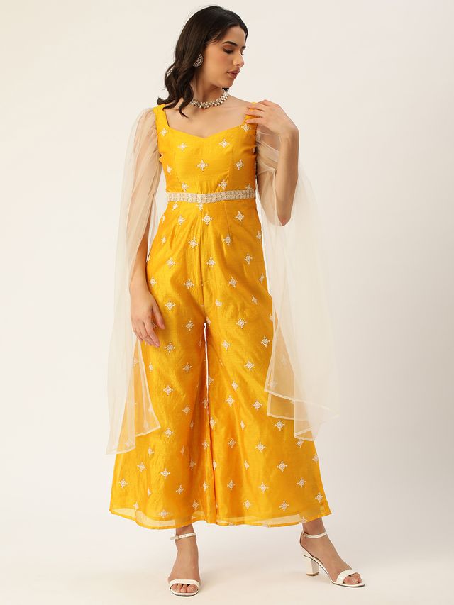 Bollywood Vogue Ready To Wear Yellow Art Silk Embroidered Jumpsuit