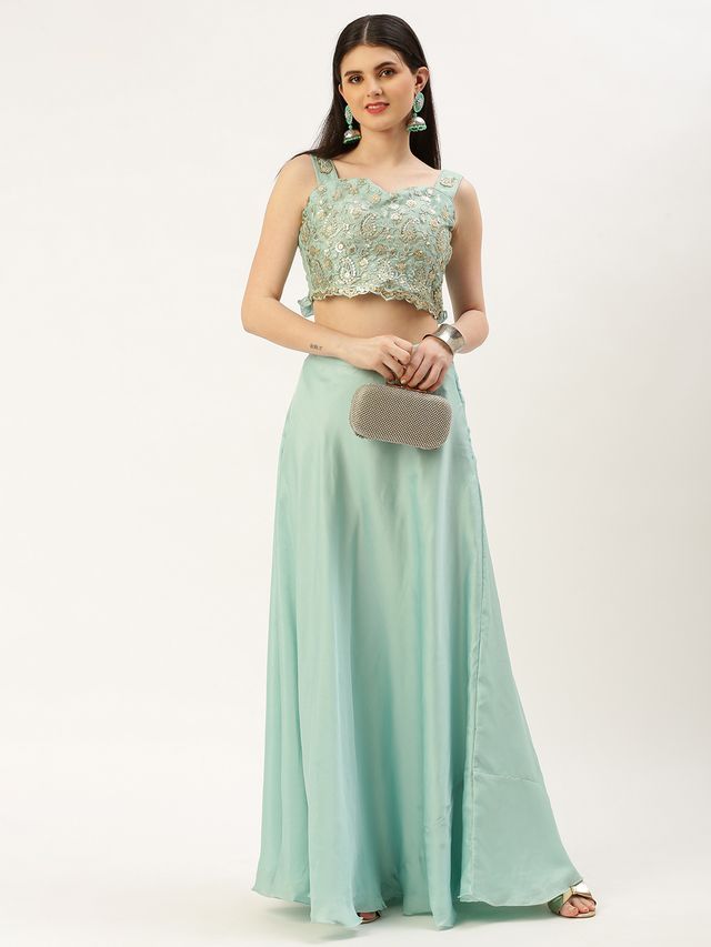 Bollywood Vogue Ready To Wear Light Blue Net Embroidered N Green Satin Skirt Set