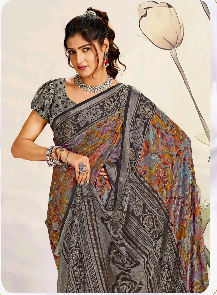 Elegant Floral Printed Saree with Contrast Border & Designer Blouse Kalyani silks and sarees