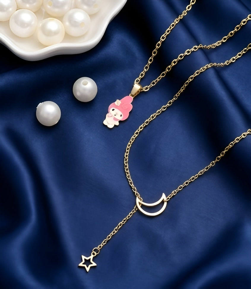 Gold Layered Necklace Set – Moon, Star & Cute Character Charm (Set of 2)
