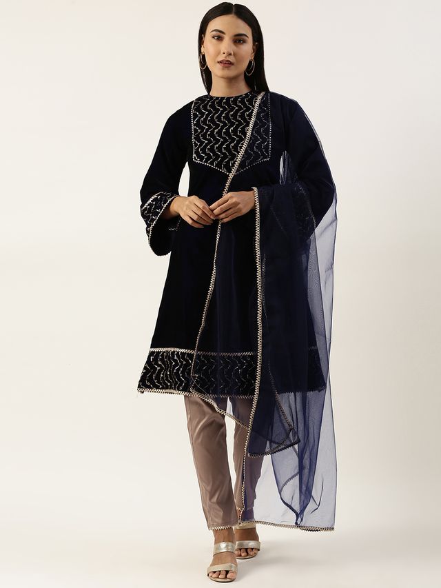 Bollywood Vogue Ready To Wear Blue Velvet Embroidered Straight Pant Suit