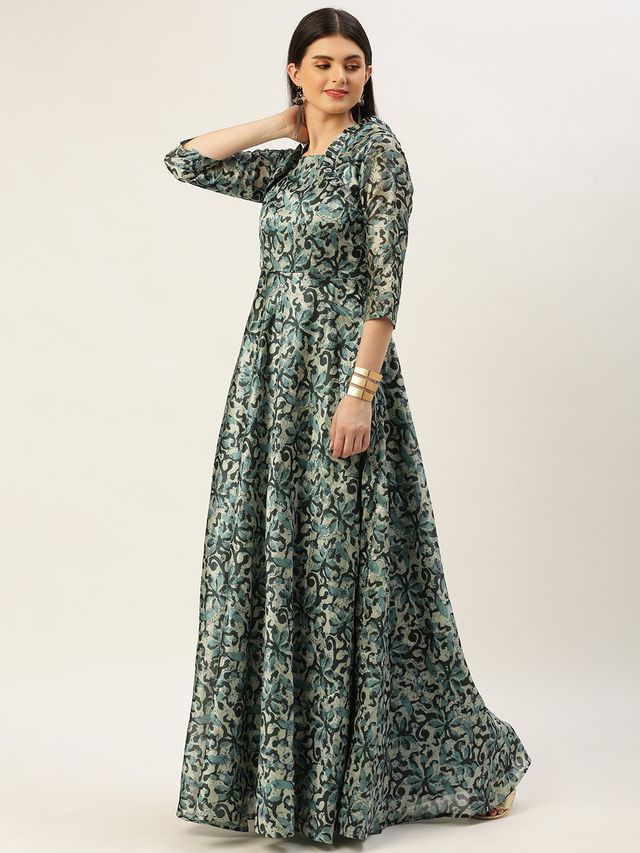 Bollywood Vogue Ready To Wear Sage Green Digital Printed Maxi Dress