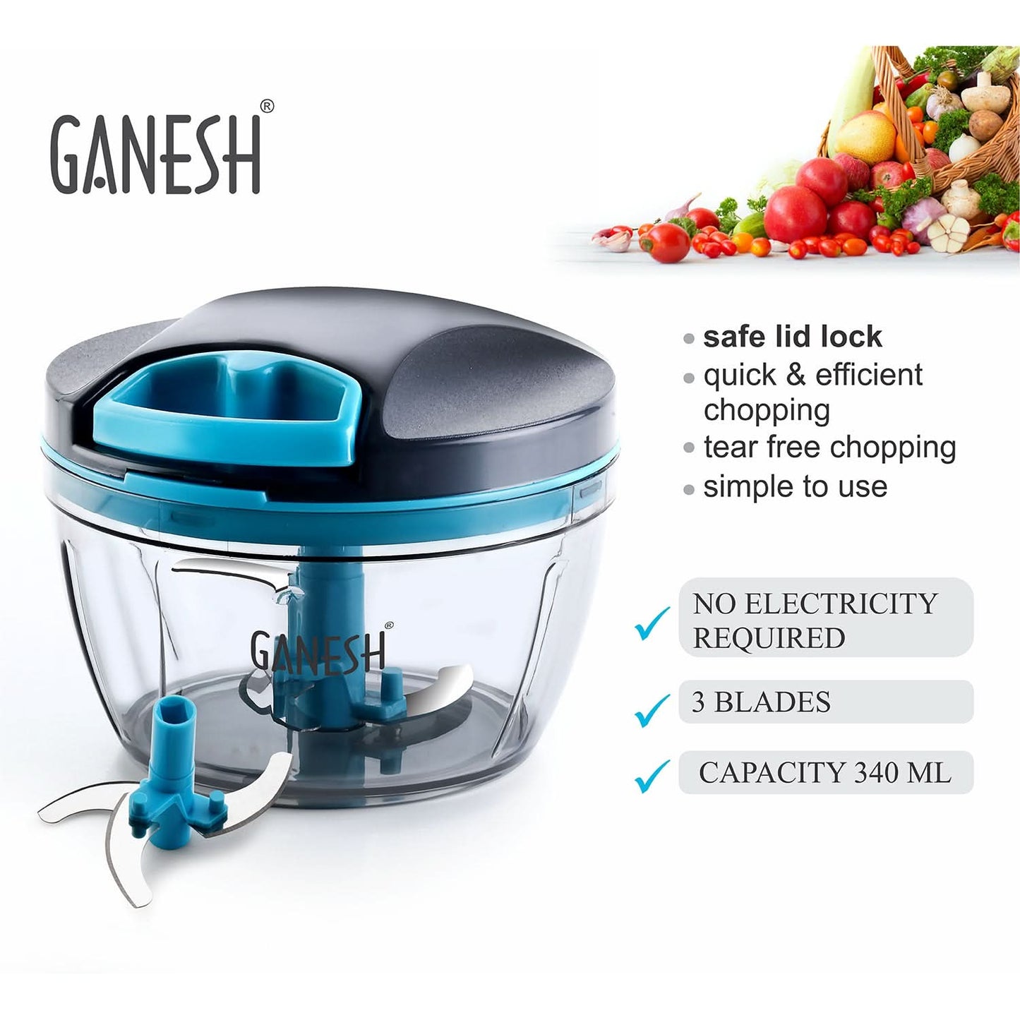 Ganesh Wonder Chopper – Compact & Efficient 470ml Grey Kitchen Chopper for Quick Food Prep
