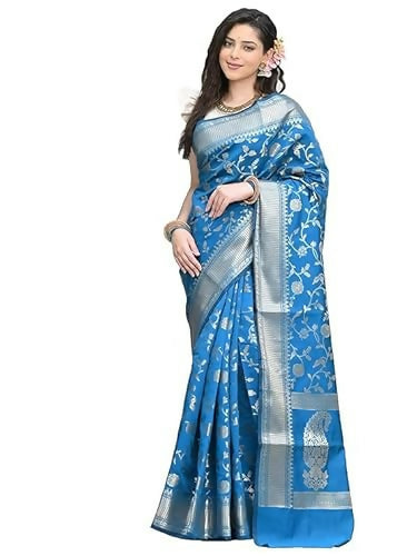 AXONIT Soft Silk Saree with Golden Zari Floral & Peacock Weaving