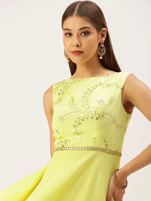 Bollywood Vogue Ready To Wear Yellow Embroidered Boat Neck Gown