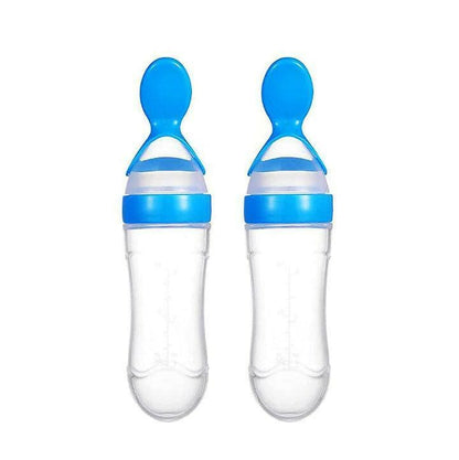 Safe-O-Kid 2 Easy Squeezy Silicone Food Feeder Spoon (Soft Tip) Bottle, 90ml, (Pack Of 2 - Multicolour) - HalfPe