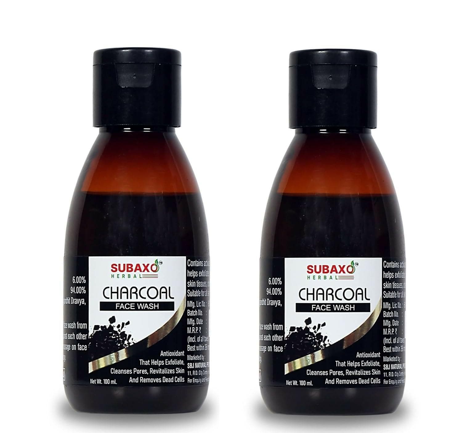 Subaxo Herbal Charcoal Face Wash, Clean Pores & Remove Dead Cells (100ml, Pack of 2) - HalfPe