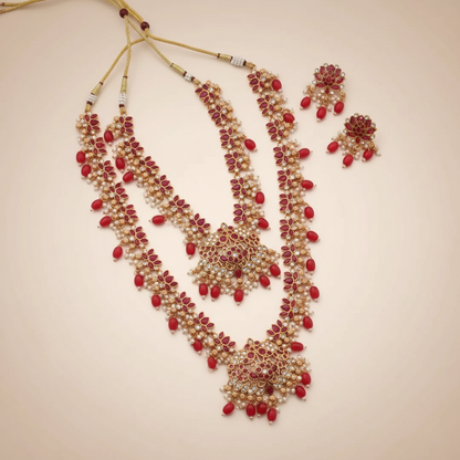 Lotus Floral Design Gold Plated Necklace Set Combo for Women - 1,Red,24 Inch SUPER