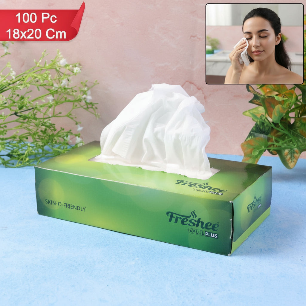 Freshee Premium Skin-friendly Facial Tissues  Soft, Lint-Free, Hypoallergenic Face & Makeup Wipes  100 Pc Box (18 X 20 Cm)
