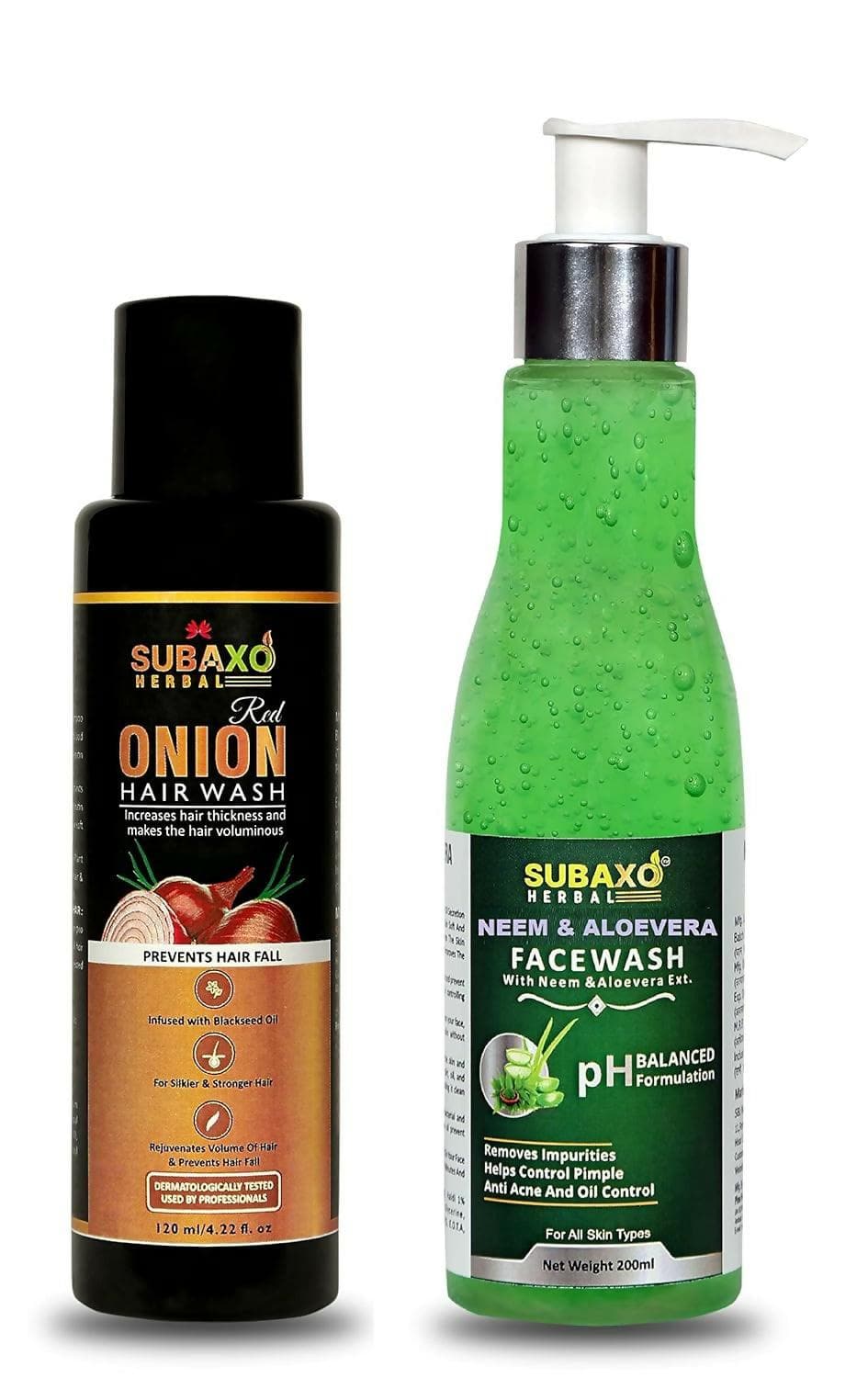 SUBAXO Red Onion Herbal Hair Wash (200ml) and Neem AloeVera Face Wash (200ml) Combo - HalfPe