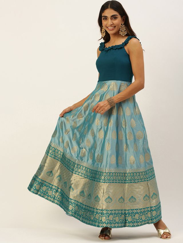 Bollywood Vogue Ready To Wear Blue Jacquard Kali Style Gown