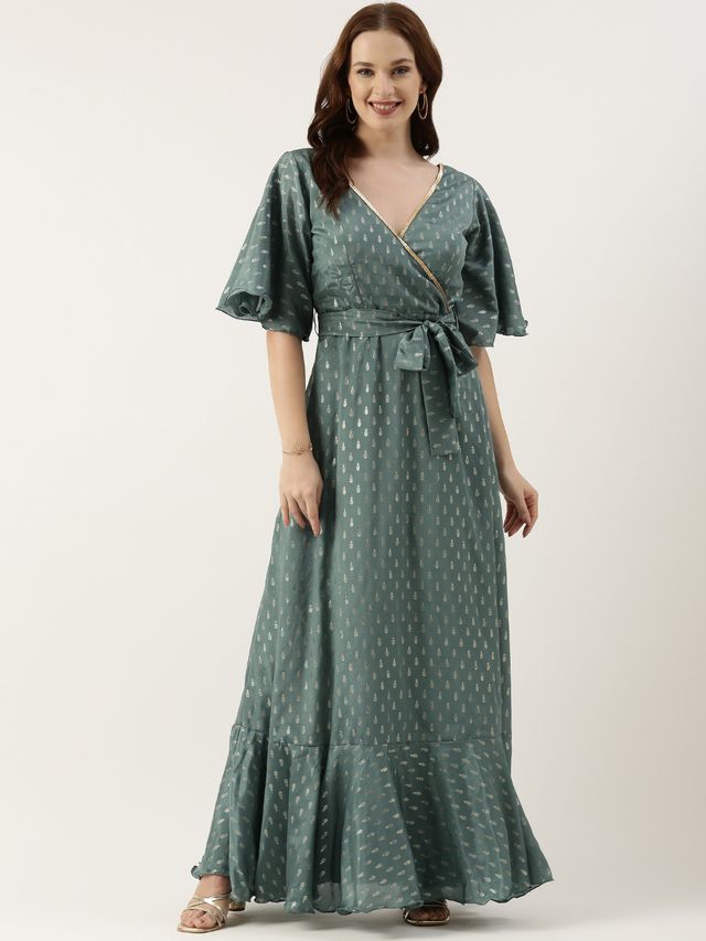 Bollywood Vogue Ready To Wear Green Chinon Foil Printed Gown