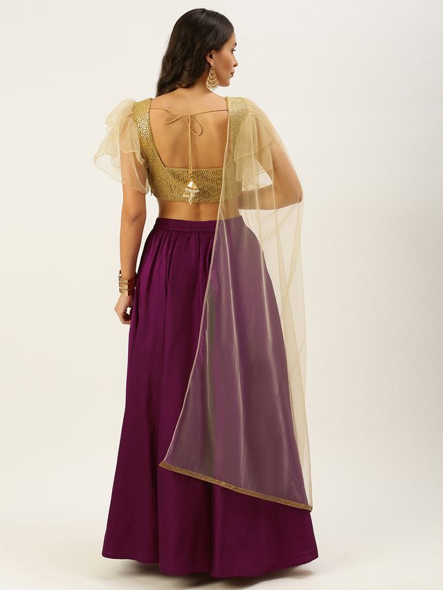 Bollywood Vogue Ready To Wear Gold N Purple Embroidered Ruffles Style Lehenga Set