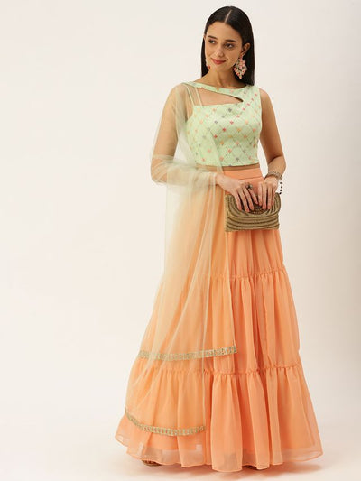 Bollywood Vogue Ready To Wear Green Embroidered N Peach Lehenga