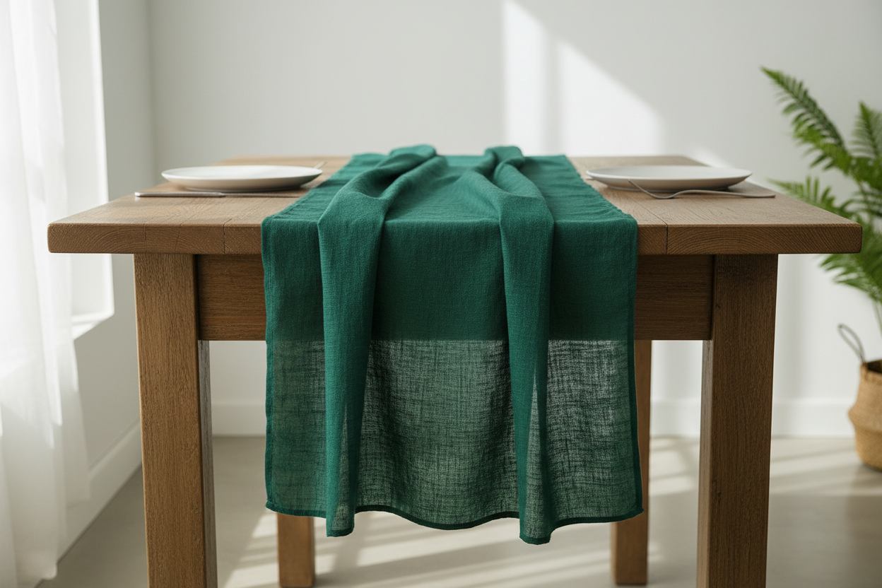 D'Moksha Homes-Forest Green and White Linen Table Runner, Reversible