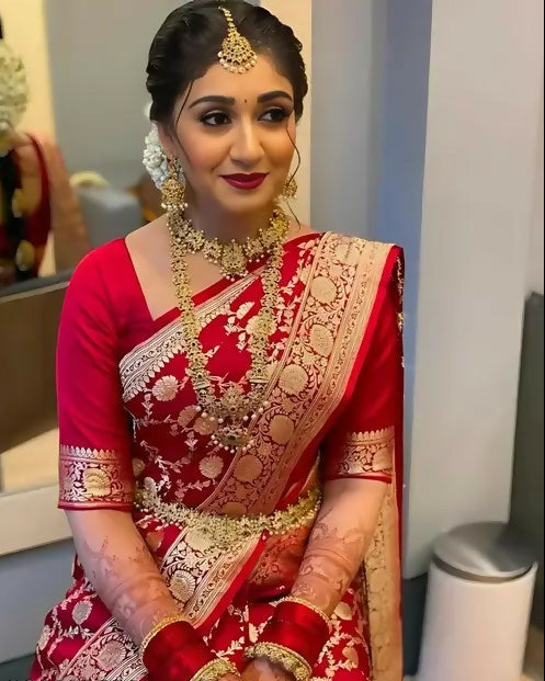 AXONIT Premium Bridal Banarasi Silk Saree in Red with Intricate Gold Zari Floral Design