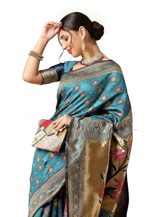 AXONIT Jacquard Silk Saree – Golden Zari Peacock Design, Festive Wear