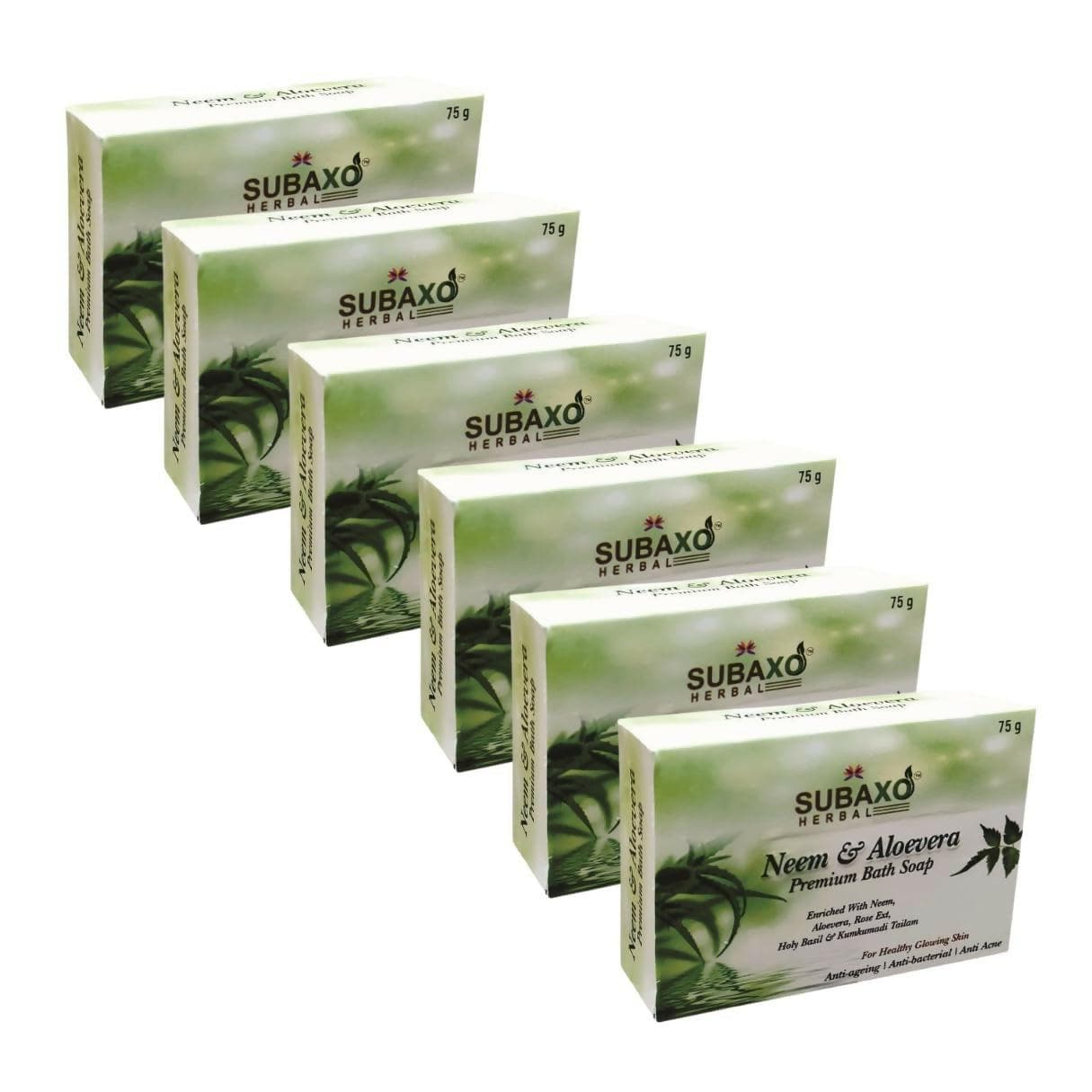 SUBAXO Neem & Aloevera Bath Soap Premium for Glowing Skin Anti Acne & Pimple Fighting Soap (6*75g Each, Pack Of 6) - HalfPe