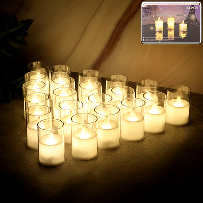 Premium Set of 24 Smokeless LED Tealight Candles with Transparent Glass Holders – Battery Operated Flameless Decorative Lights for Home Décor, Festival