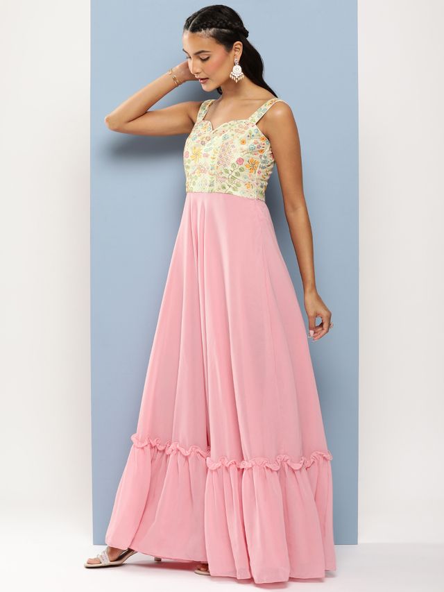 Bollywood Vogue Ready To Wear Off White N Pink Georgette Gown
