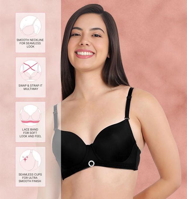 Susie 3/4th coverage Black Beauty Bottom Lace Trim With CharmPadded Adjustable Detachable Multiway Wired Bra