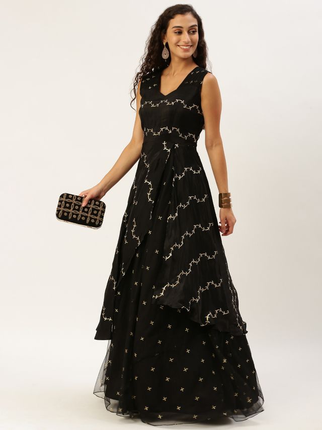 Bollywood Vogue Ready To Wear Black Viscose Embroidered Layered Gown
