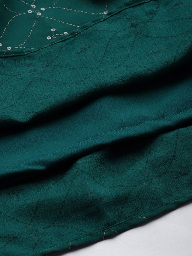 Bollywood Vogue Ready To Wear Teal Green Art Silk Foil Print Jumpsuit