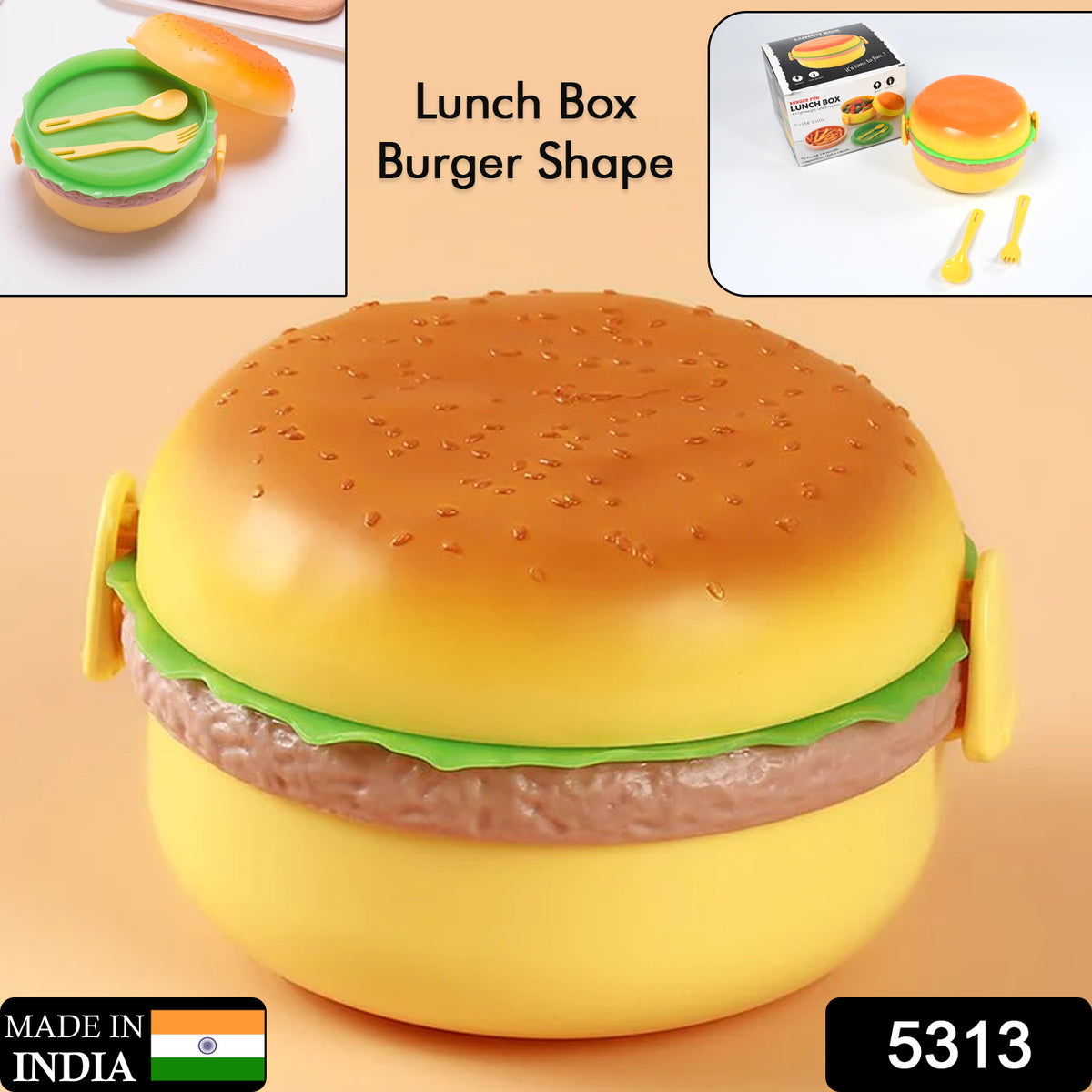 Burger Shape Lunch Box with Double Layer Lunchbox 1000ml With 2 Spoon Applicable To Kids And Elementary School Students