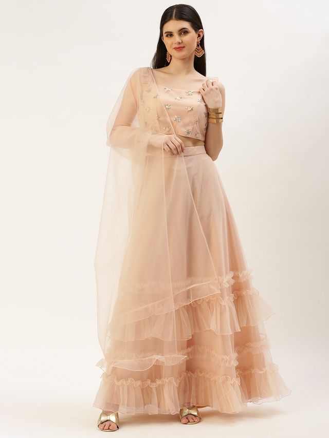 Bollywood Vogue Ready To Wear Light Peach Net Sequins Embroidered Lehenga
