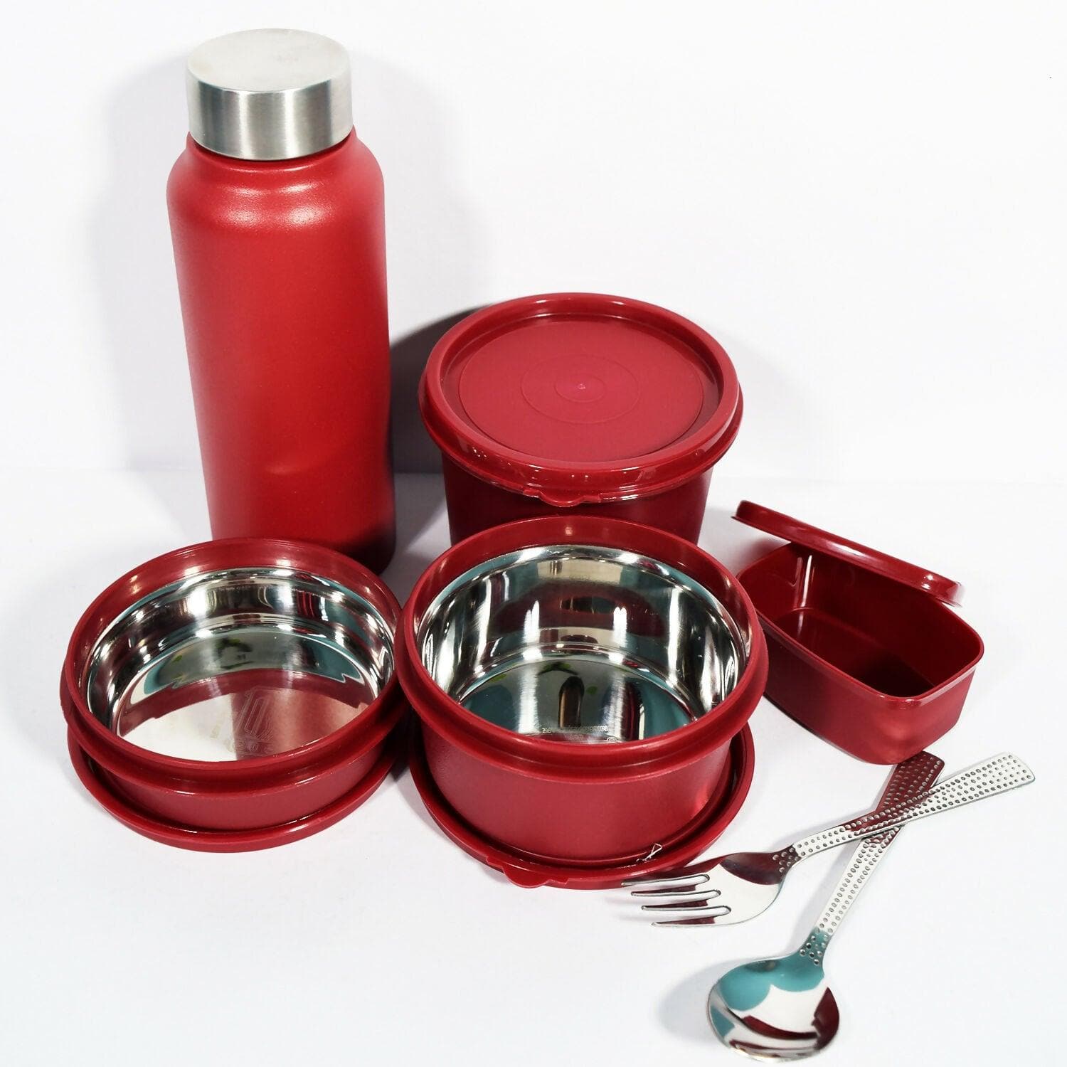 Corporate 5 Lunch Box Container With Bottle 750ml With Spoon & Fork With Pickle Storage (600ml, 400ml, 300ml, 150ml ) - HalfPe