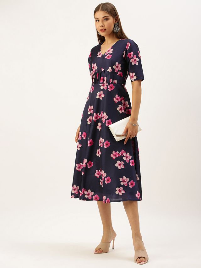 Bollywood Vogue Ready To Wear Blue Printed Art Silk Fit And Flare Dress