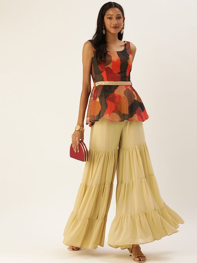 Bollywood Vogue Ready To Wear Multicolored Embroidered Peplum Top N Palazzo Set