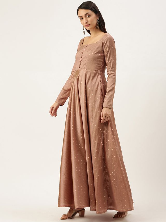 Bollywood Vogue Ready To Wear Peach Jacquard Fit N Flare Dress
