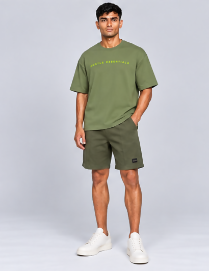 HUSTLE Essentials Men's Crew Neck Oversized T-Shirt – Olive Green(Oversized fit)