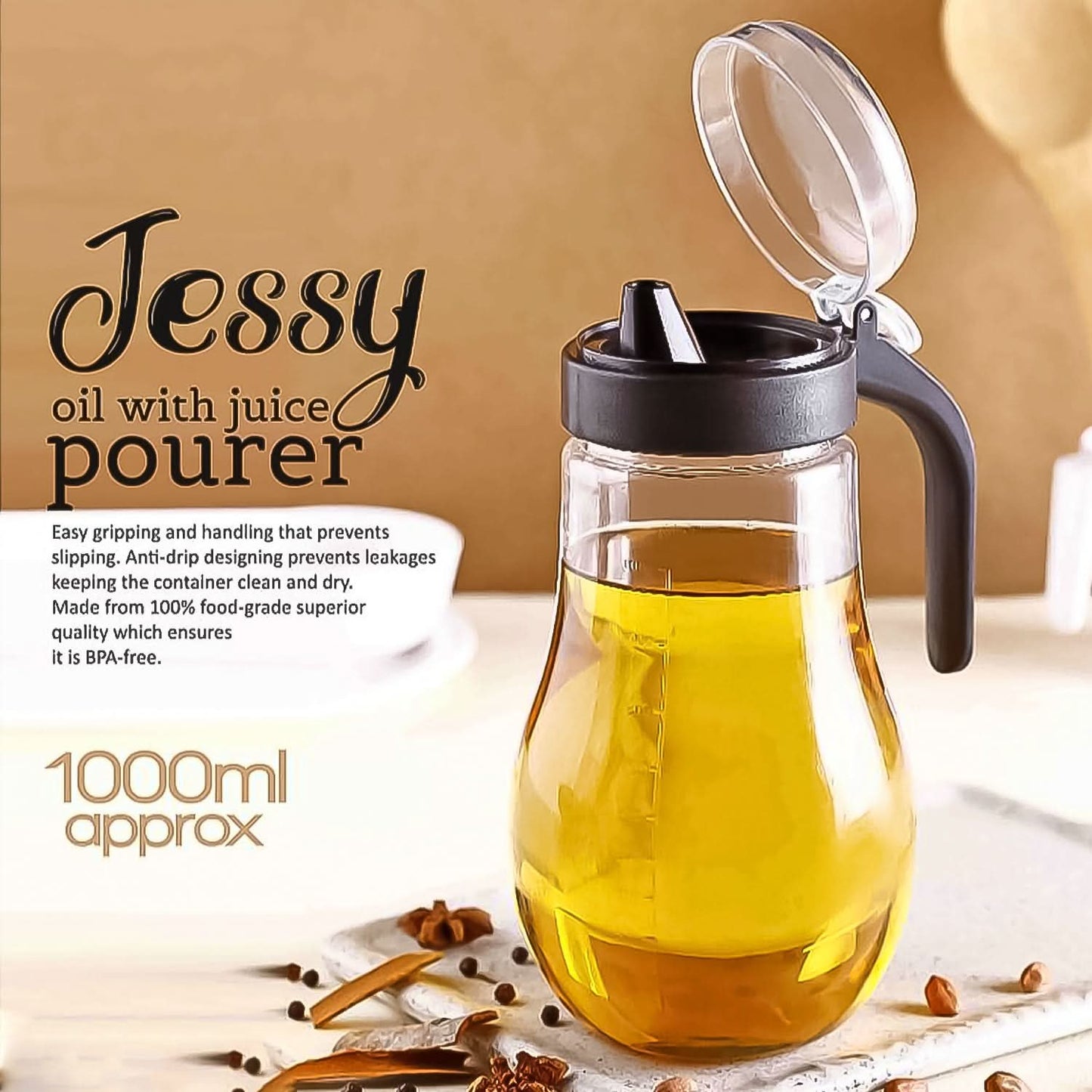 Apex Jessy 1000ml Oil & Juice Dispenser Bottle – Leak-Proof, Multipurpose Pourer (1 Pc)