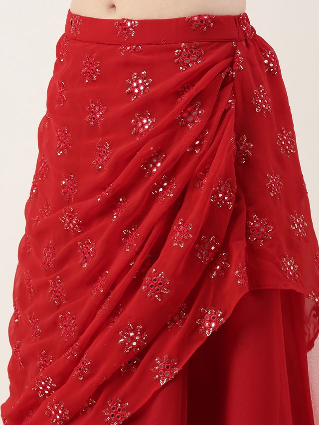 Bollywood Vogue Ready To Wear Red Georgette Draped lehenga Set