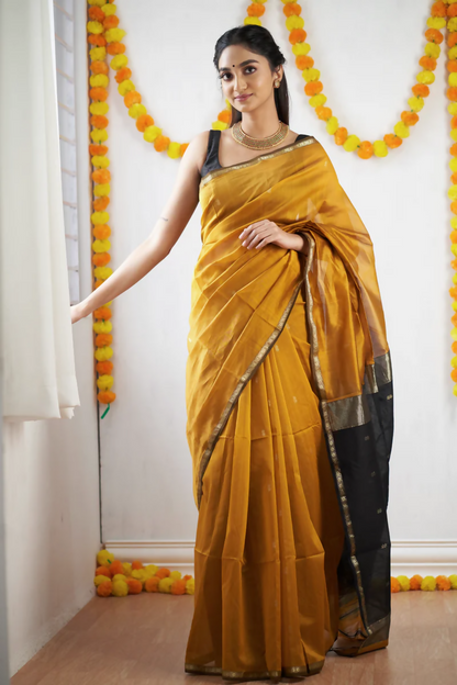 AXONIT Premium Golden Cotton Saree with Lightweight Fabric, Elegant Zari Border, and Traditional Finish