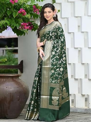 AXONIT Soft Silk Saree with Golden Zari Floral & Peacock Weaving