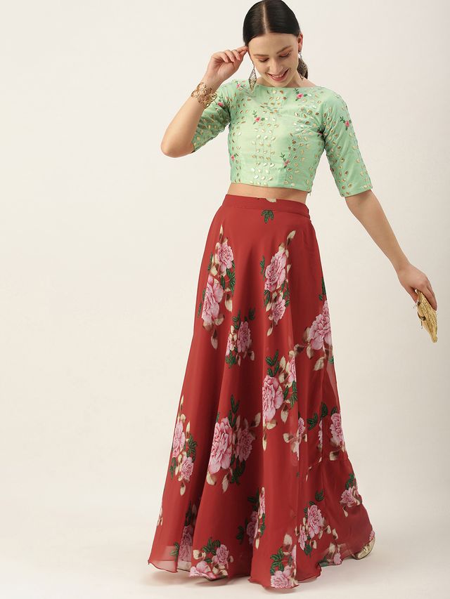 Bollywood Vogue Ready To Wear Green N Rust Embroidered Crop Top N Skirt
