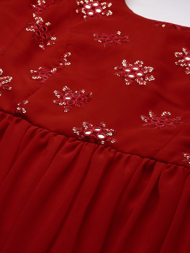Bollywood Vogue Ready To Wear Red Georgette Embroidered Maxi Dress