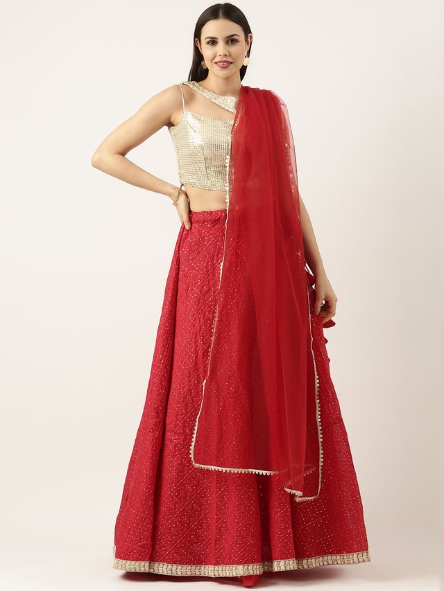 Bollywood Vogue Ready To Wear Silver N Dark Red Georgette Sequins Embroidered Lehenga